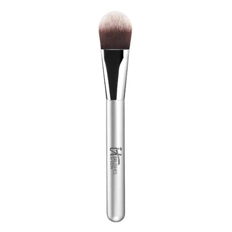 A foundation brush with a silver handle and soft, rounded bristles designed for applying liquid or cream foundation for a smooth finish. The handle features the \“IT Brushes for ULTA\“ logo.