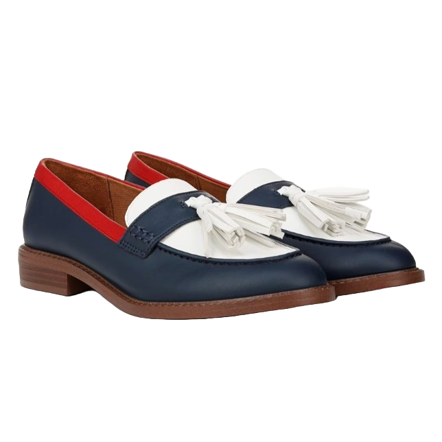 Franco Carolynn Low Loafers feature a stylish combination of navy and white leather with red accents and tassel details. They have a classic design with a sturdy brown sole and a low heel.