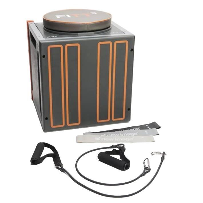 A versatile fitness station cube with handle attachments and resistance bands for strength training exercises.