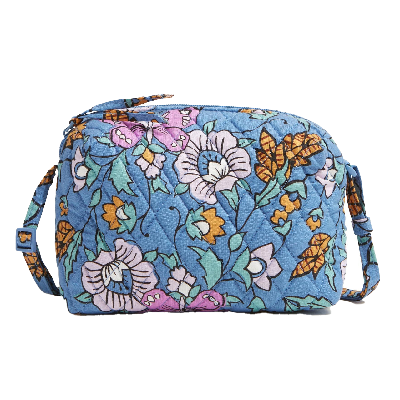 Vera Bradley Camera Bag Crossbody in blue features a quilted floral pattern in pink, orange, and green with an adjustable strap.