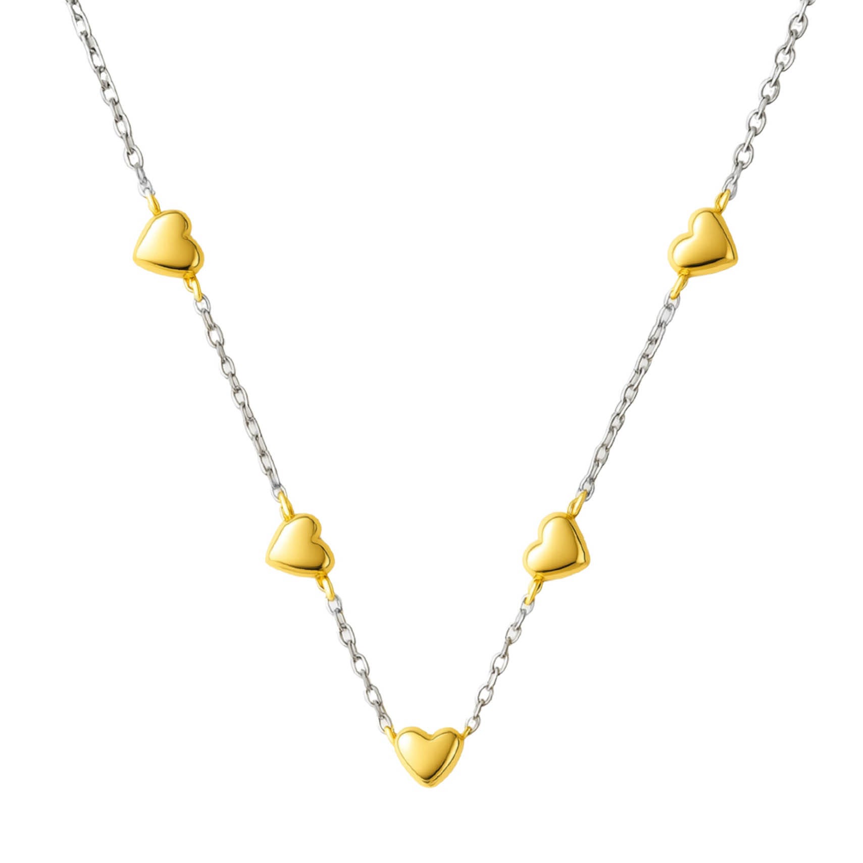 A silver chain necklace featuring five evenly spaced, small gold heart-shaped charms.