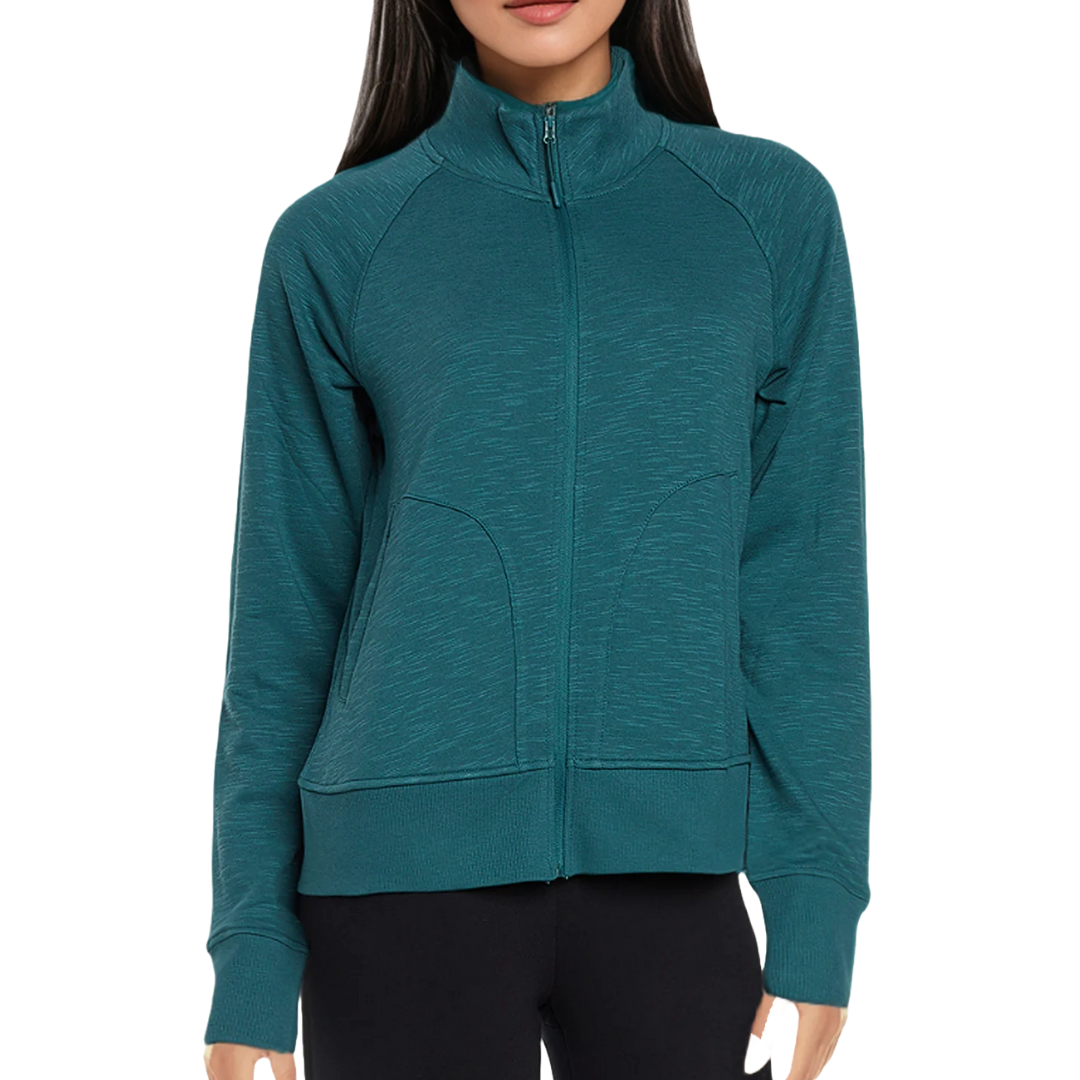 Teal full-zip jacket with a high collar, long sleeves, and two front pockets. Made from a textured, lightweight fabric with ribbed cuffs and hem.