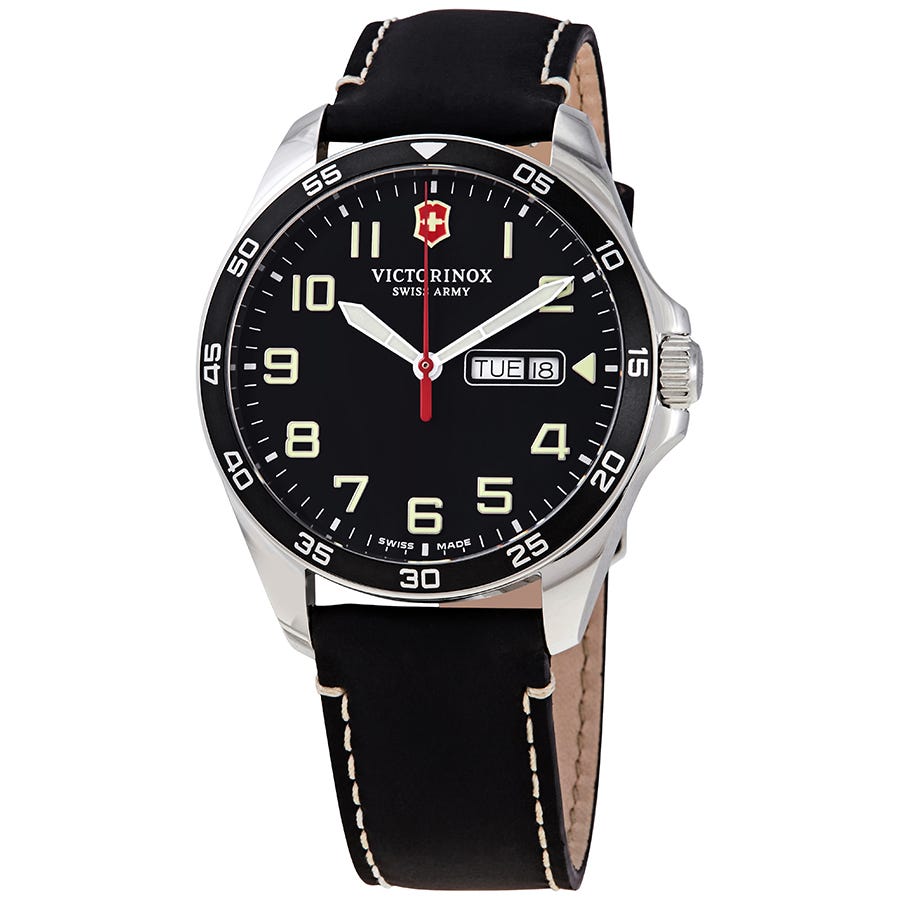 Victorinox Men's Fieldforce Watch features a black dial with luminous hands and numerals, a red second hand, a day-date window at 3 o'clock, and a stainless steel case with a black leather strap.