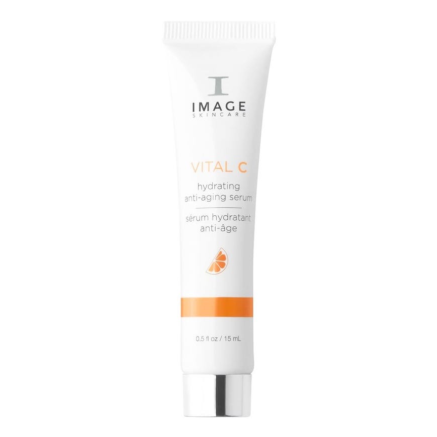 IMAGE Skincare Vital C Hydrating Anti-Aging Serum, 0.5 fl oz (15 mL), features an orange design element.