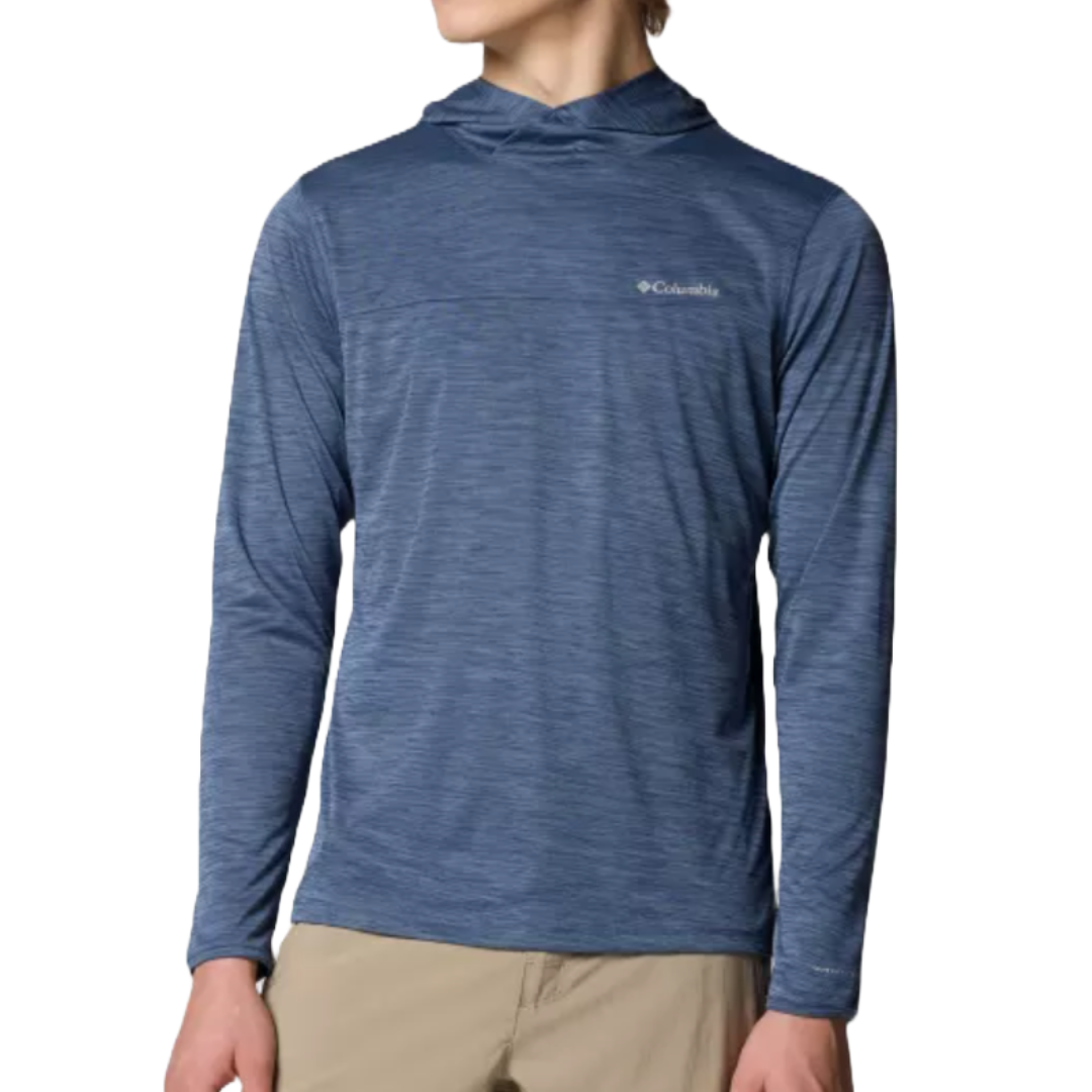 Blue long-sleeve hooded shirt with a subtle texture by Columbia, paired with light khaki pants.