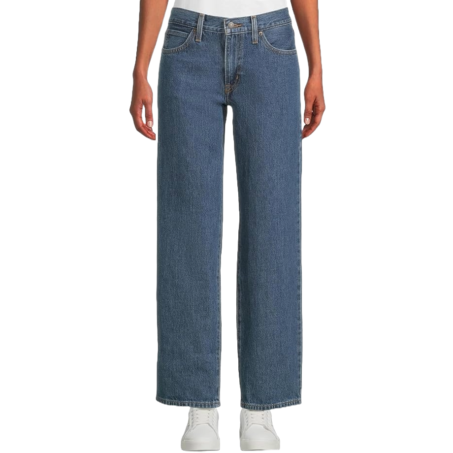Levi's Women's 94 Baggy Jeans are high-waisted with a relaxed fit through the hips and legs, featuring a classic five-pocket design in a medium blue wash. They pair well with casual footwear.