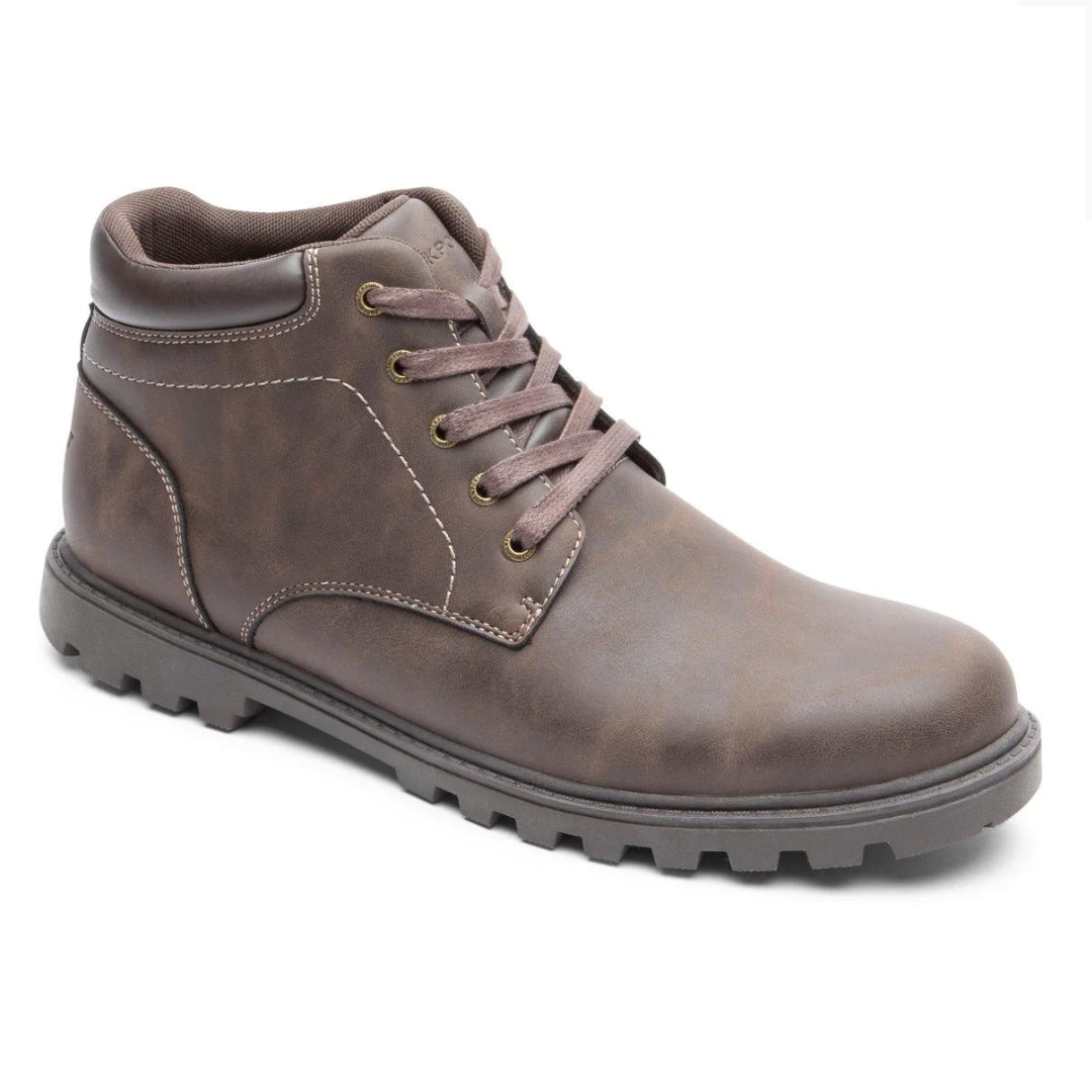 Brown leather ankle boot with laces on a white background.