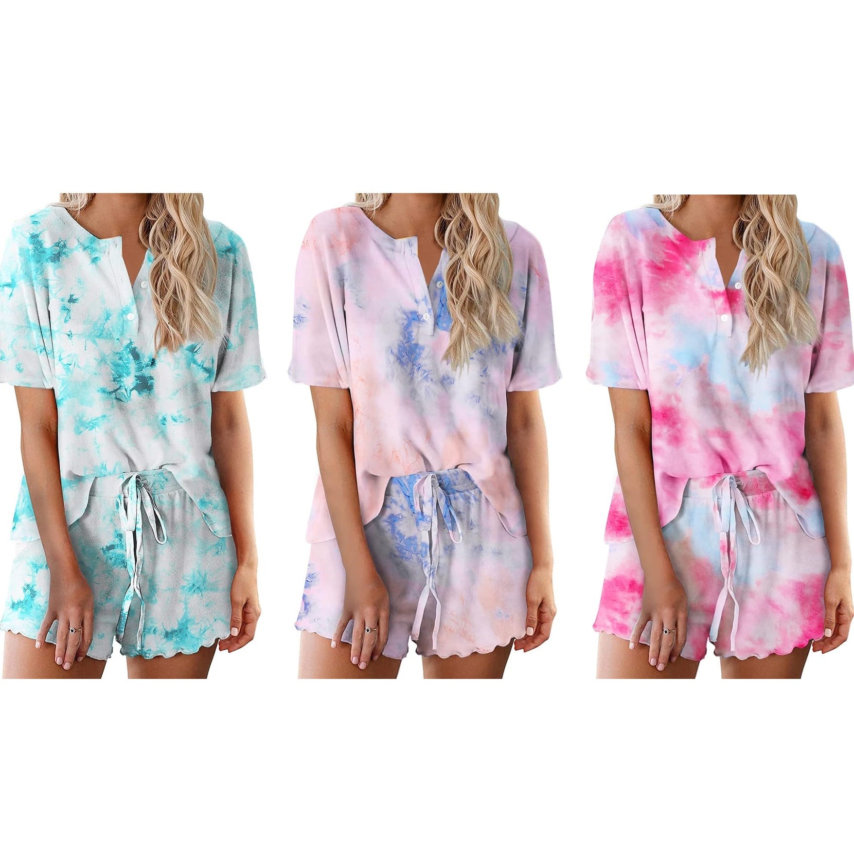 Three tie-dye loungewear sets in blue, pink, and red combinations with short sleeves and drawstring shorts.