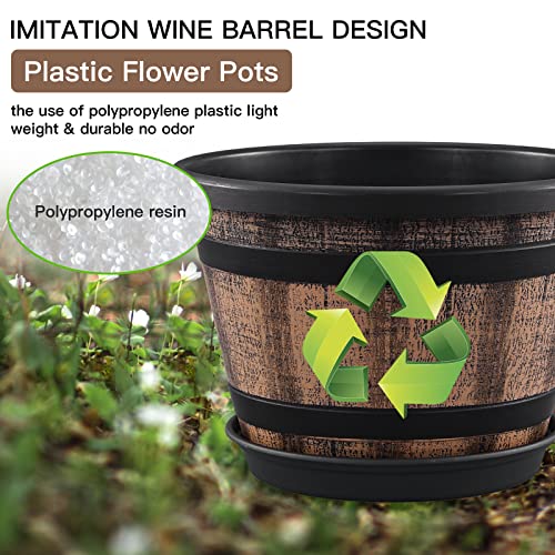 A plastic flower pot designed to mimic the look of a wooden whiskey barrel, featuring dark bands around a faux wood textured body.