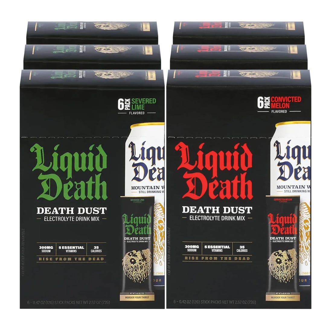 Liquid Death Death Dust Electrolyte Drink Mix in Severed Lime and Convicted Melon flavors, each comes in a 6-pack of 0.42 oz stick packs. Contains 300mg sodium, 5 essential vitamins, 35 calories.