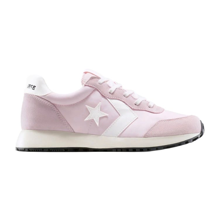 Pink sneaker with white details, including a star and chevron. Features a black sole and visible laces.