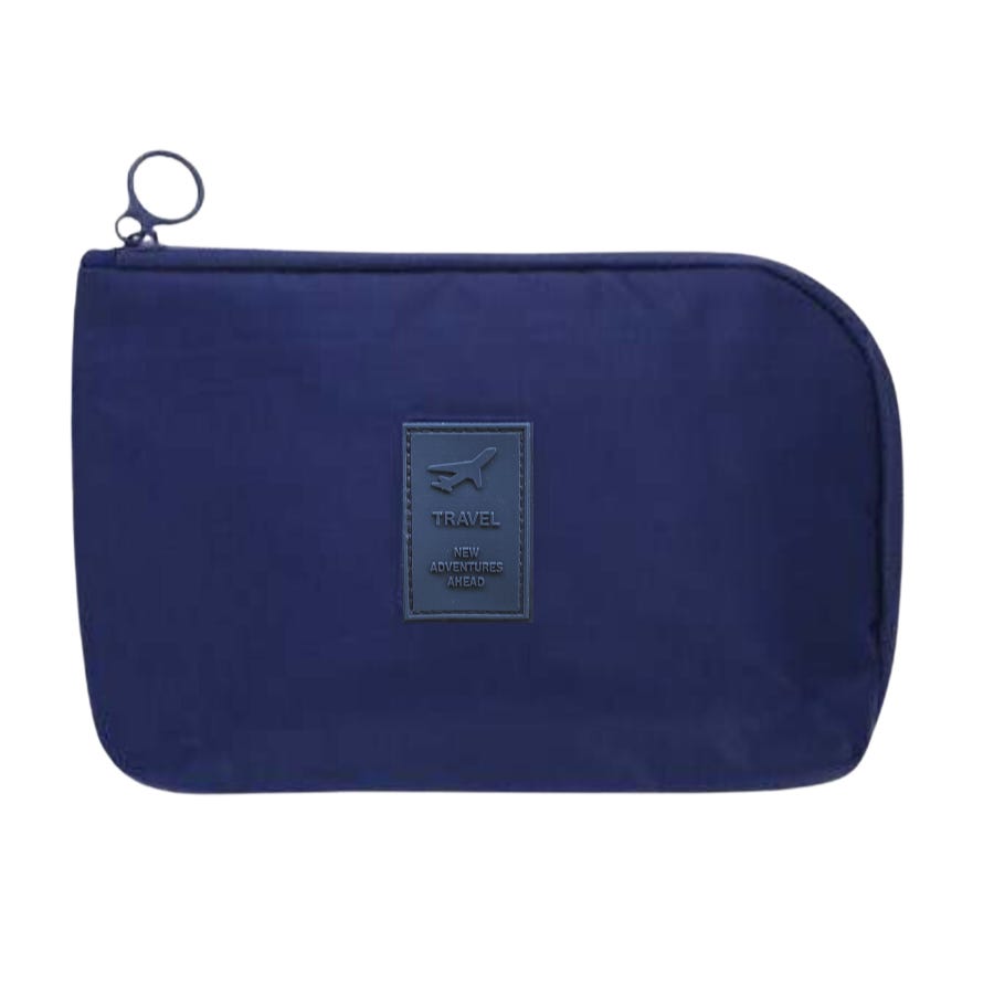A rectangular navy blue travel accessory bag with a zipper and a front patch displaying an airplane icon and the words \“Travel: New Adventures Ahead.\“