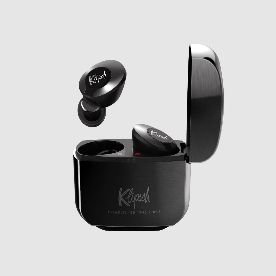 Black wireless earbuds with a charging case, branded Klipsch.