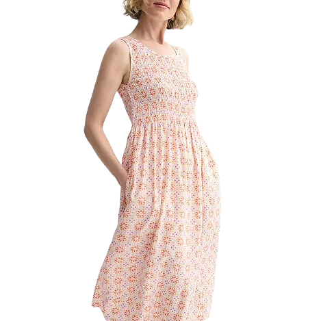 Sleeveless midi dress with a smocked bodice and floral pattern, featuring light pink and orange hues.