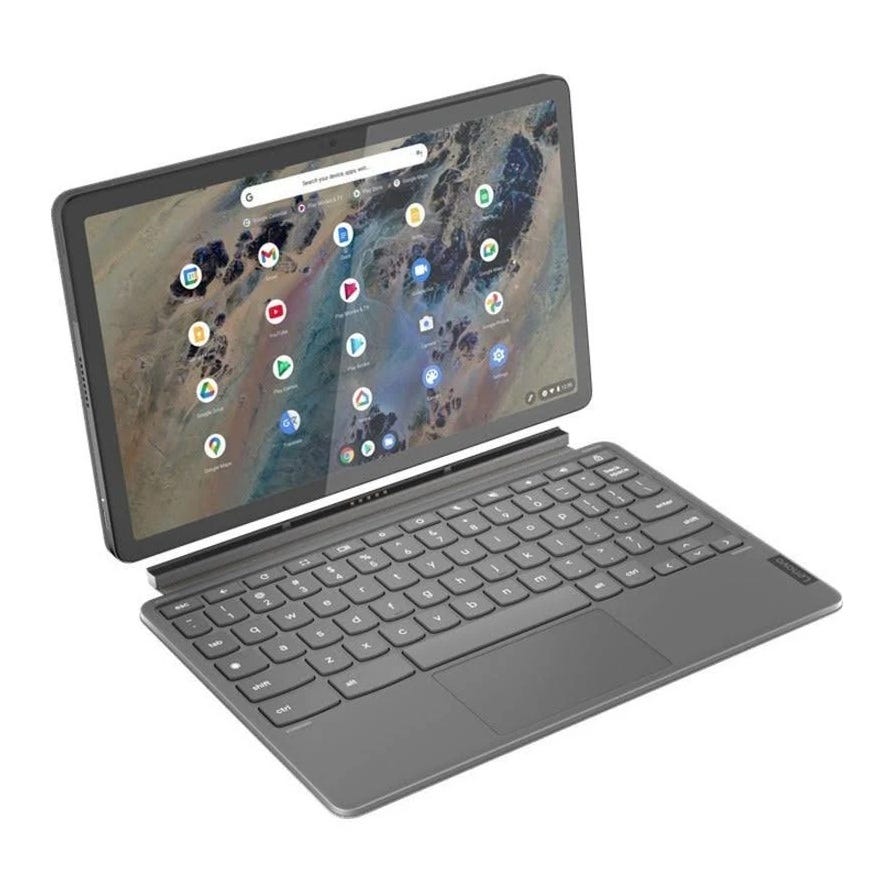 A Lenovo 2-in-1 Chromebook with a detachable keyboard, featuring a touchscreen display in a tablet mode configuration. The device has a Chrome OS interface visible.