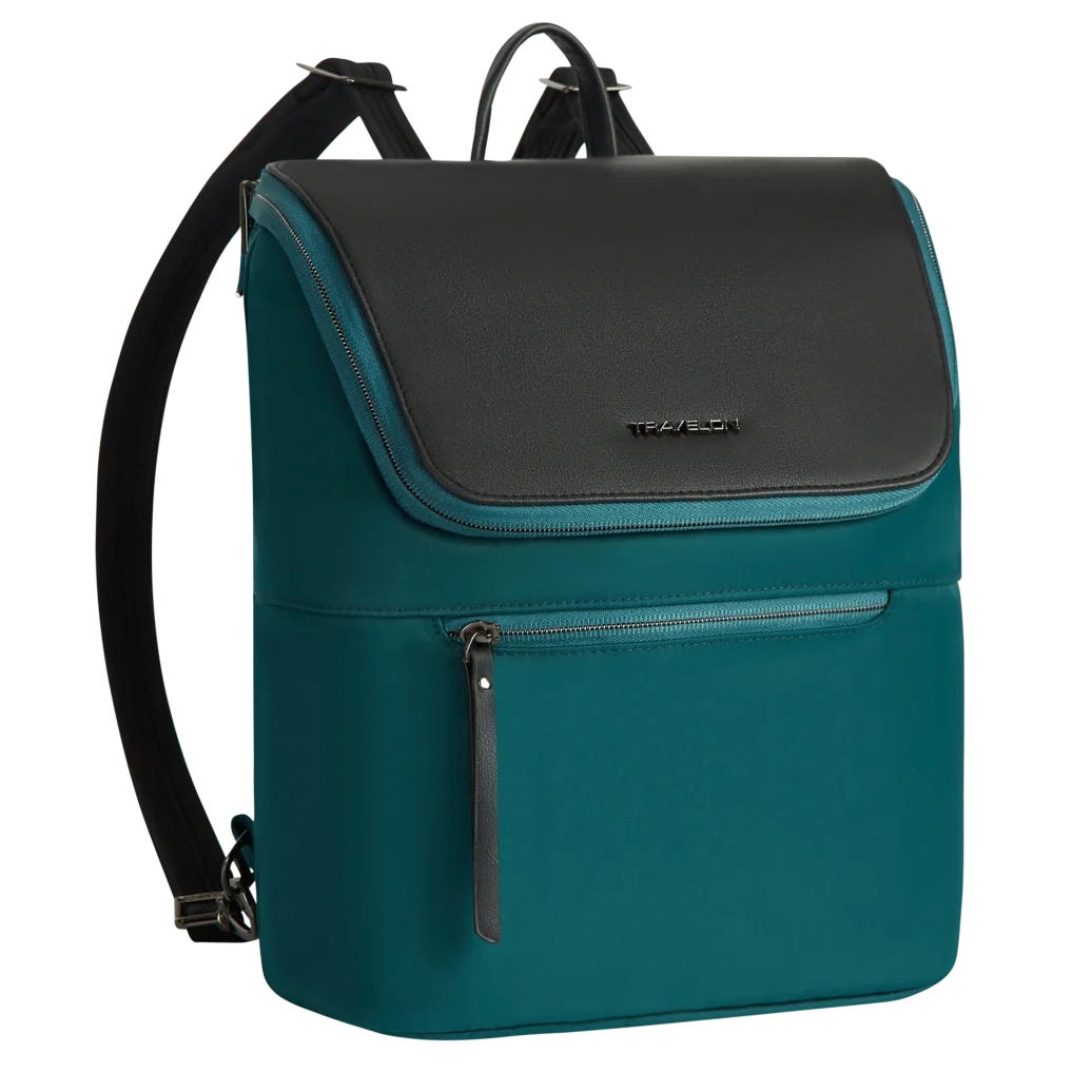 A teal and black backpack featuring a flap closure, front zipper pocket, and adjustable shoulder straps.