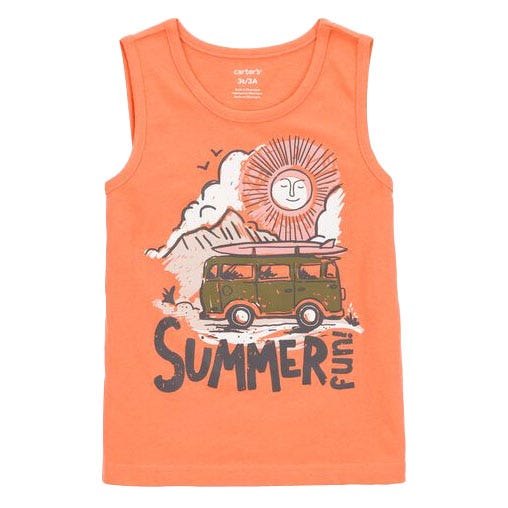 Orange toddler boys' tank top featuring a graphic of a green van with surfboards, mountains, birds, the sun, and the text \“Summer Fun\“ in bold lettering.