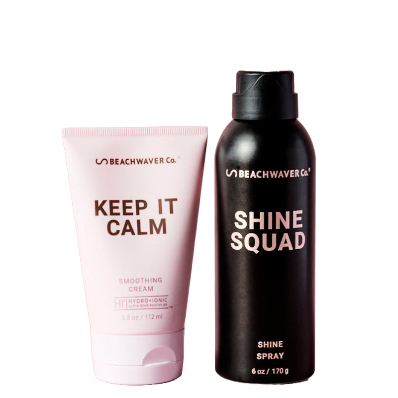 The 2pc Beachwaver Frizz-Free Duo includes \“Keep It Calm\“ smoothing cream (3.8 oz/112 ml) for managing frizz and \“Shine Squad\“ shine spray (6 oz/170 g) for adding gloss and smoothness to hair.