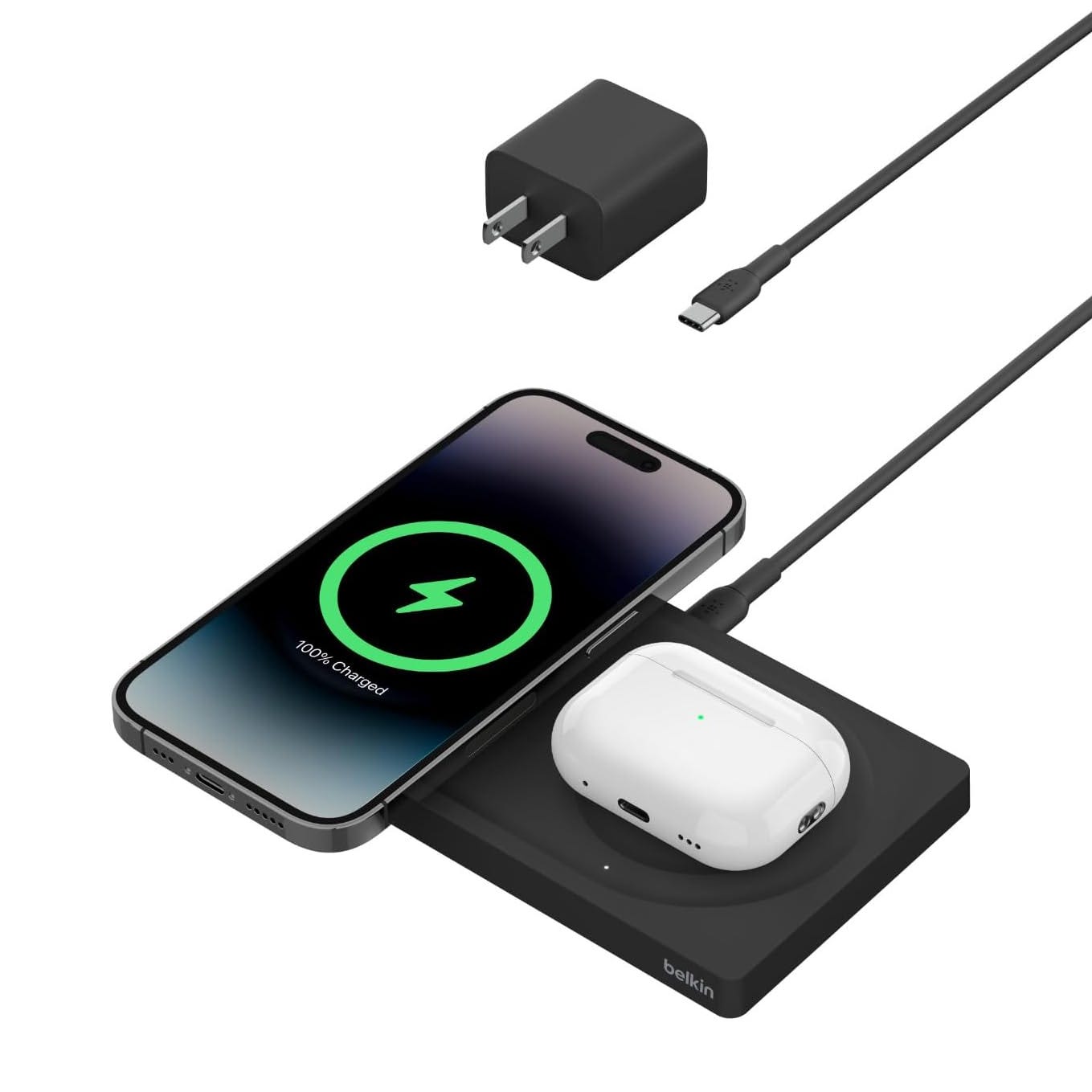 Belkin 2-in-1 Wireless Charging Pad charges two devices simultaneously, featuring a phone and earbuds. Includes a wall adapter and a USB-C cable.