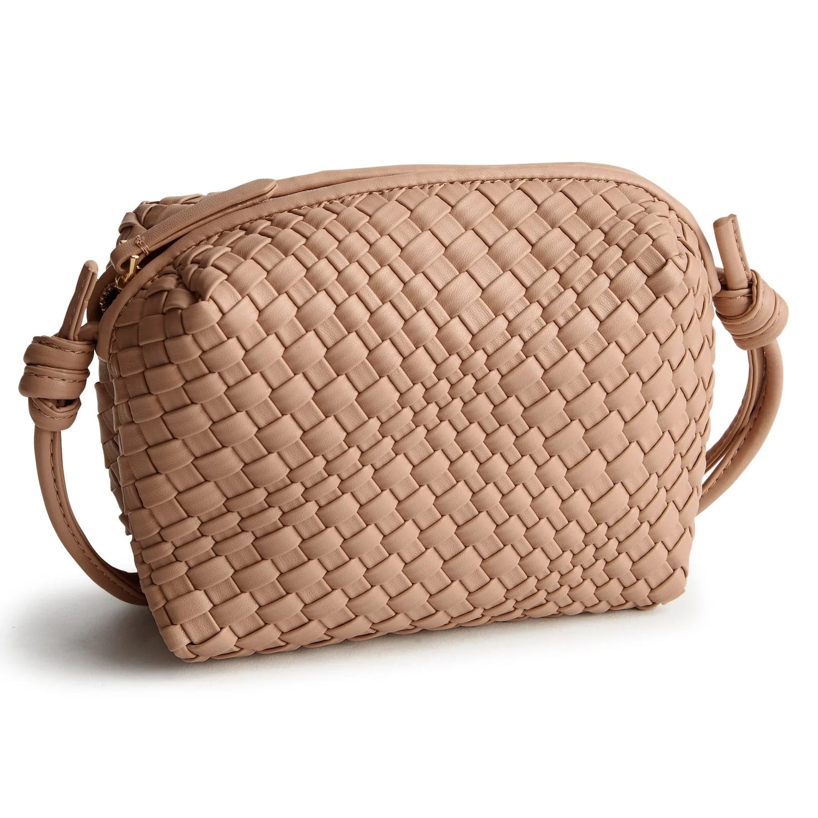 The Vera Bradley Blake Crossbody is a compact woven purse with a structured design, featuring a top zip closure and adjustable strap. The neutral color complements a variety of outfits.
