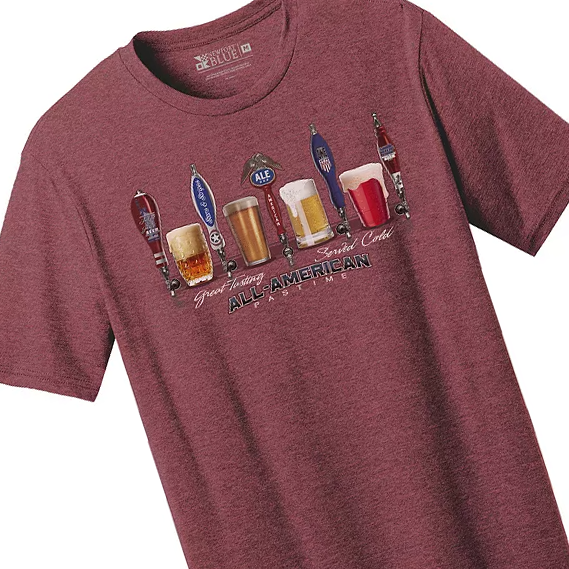 Maroon T-shirt with a printed design featuring six different types of beer glasses, each labeled with a beer style.