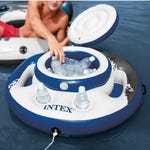 Intex inflatable floating cooler with beverages inside, blue and white design.