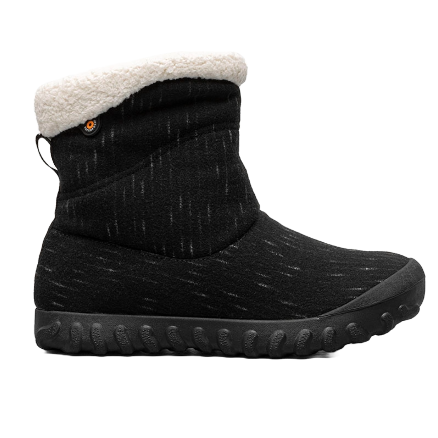 BOGS Moc II Dash Boots are black slip-on winter boots featuring a textured sole and a cozy sherpa fleece lining, ideal for cold weather comfort and style.