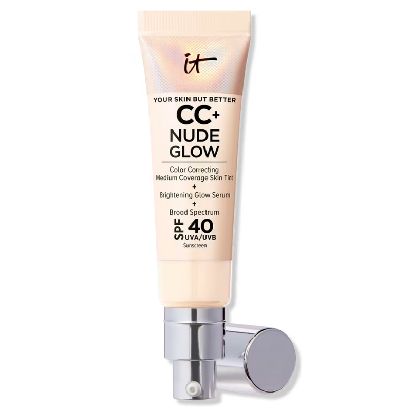 IT Cosmetics CC+ Nude Glow Foundation is a color-correcting medium coverage skin tint with SPF 40 UVA/UVB, combining a brightening glow serum and broad-spectrum sunscreen for a radiant finish.