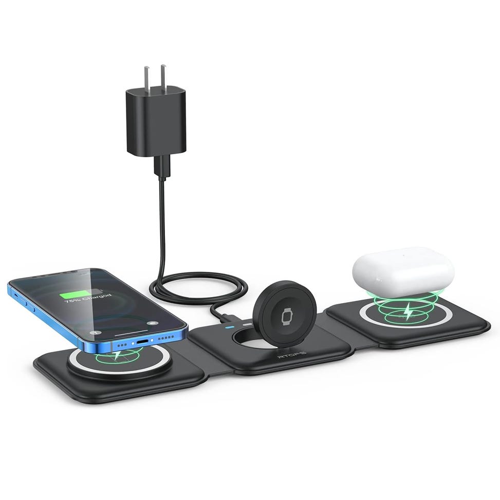 A 3-in-1 wireless charging station with a wall plug charger, phone, smartwatch attachment, and earbud case pad. Each section features charging indicators.