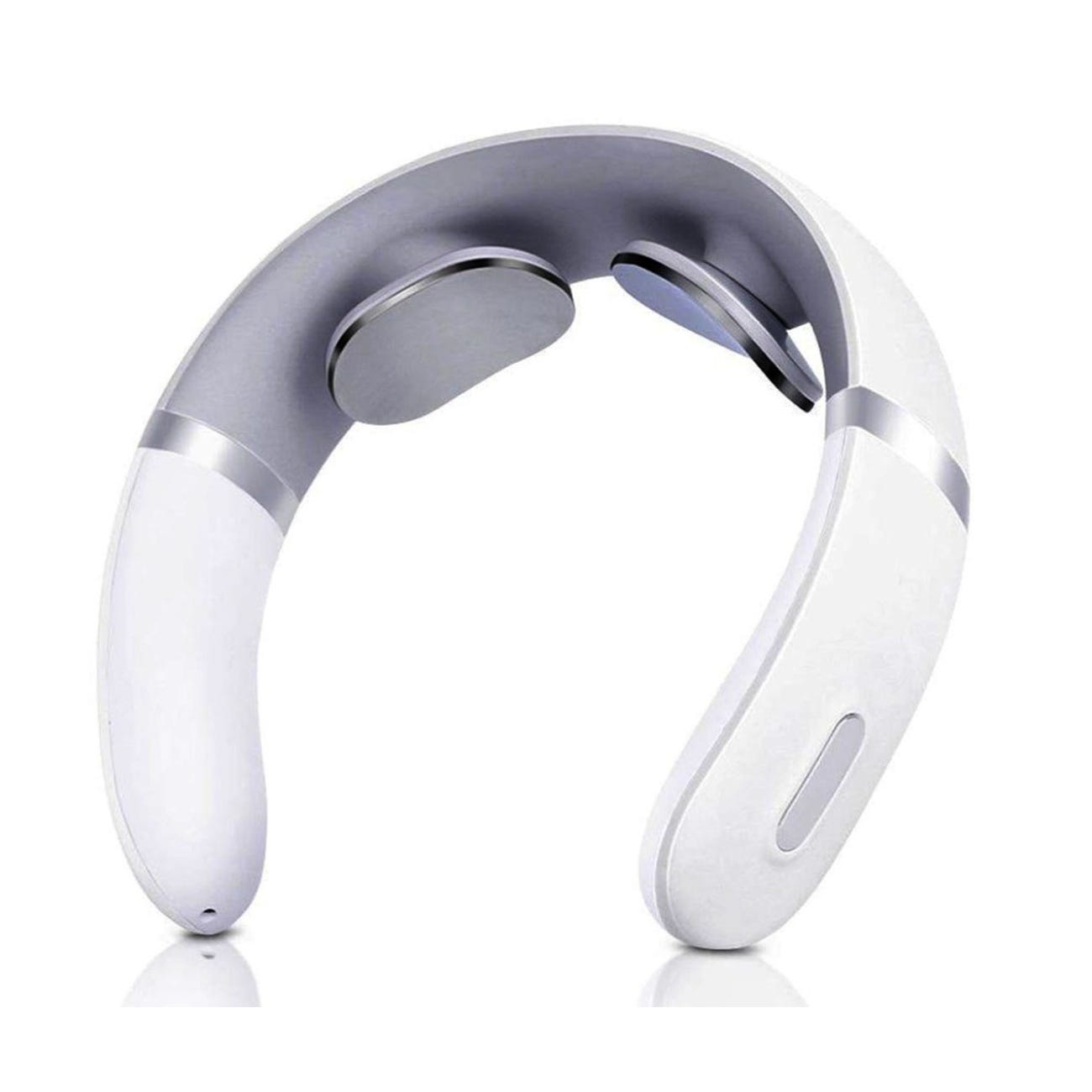 Wireless neckband earphone with a flexible U-shaped design, metallic finish, and in-ear buds.