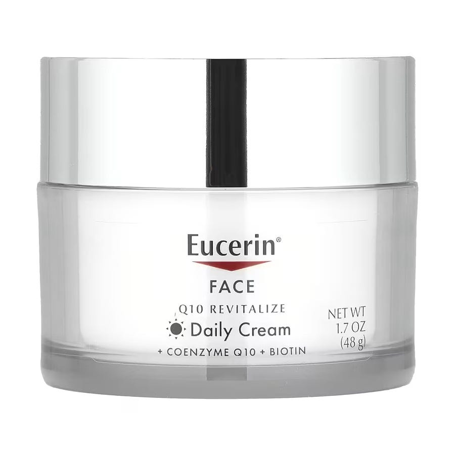 Eucerin Face Q10 Revitalize Daily Cream with coenzyme Q10 and biotin, net weight 1.7 oz (48 g).