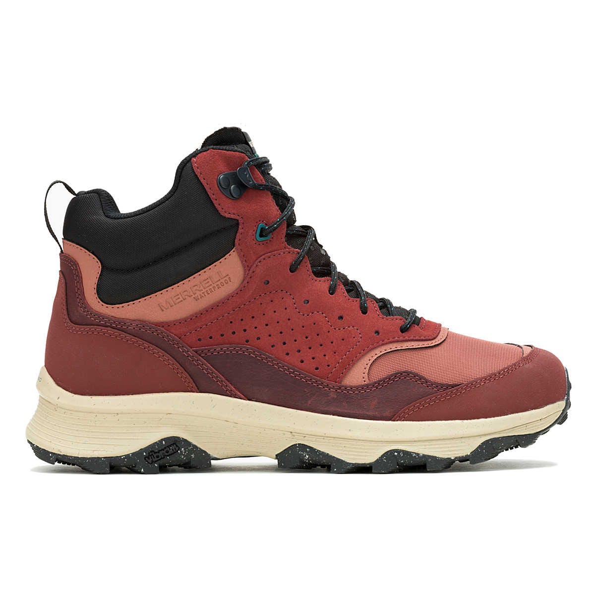 A burgundy and black high-top hiking boot with a beige, rugged sole and black laces, featuring \“WATERPROOF\“ branding on the side.