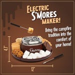 Electric S'mores Maker with a 4-inch height and 12-inch diameter, designed to replicate campfire s'mores-making indoors, surrounded by ingredients.