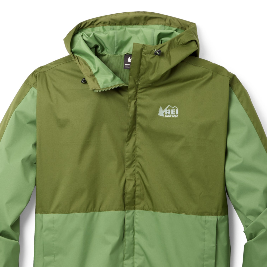 Olive green hooded rain jacket with the REI Co-op logo on the chest.