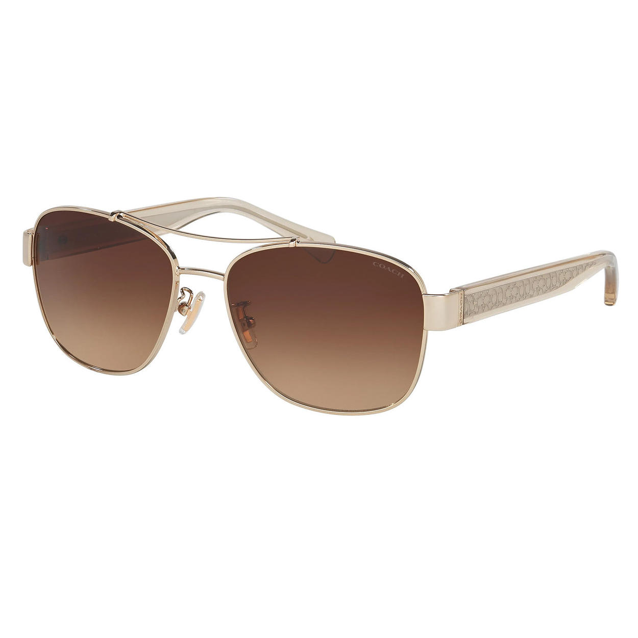 Coach Aviator Sunglasses with gold metal frames, brown gradient lenses, and signature detailing on the temples.