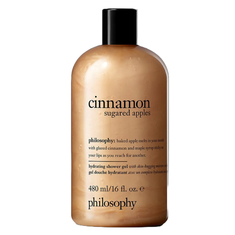 Cinnamon Sugared Apples Shower Gel by Philosophy is a hydrating gel with a skin-hugging moisture complex. It features a fragrance of baked apple, glazed cinnamon, and maple syrup. Size: 480 ml/16 fl. oz.