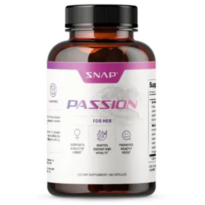SNAP Passion For Her is a dietary supplement with 60 capsules, aimed at supporting a healthy libido, igniting energy and vitality, and promoting a healthy mood.