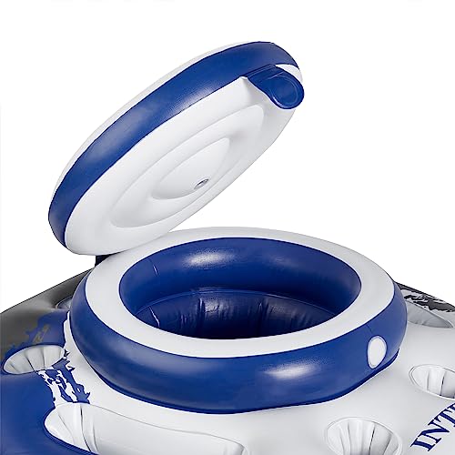 A blue and white Intex inflatable floating cooler with a circular opening and lid on top for storing beverages.
