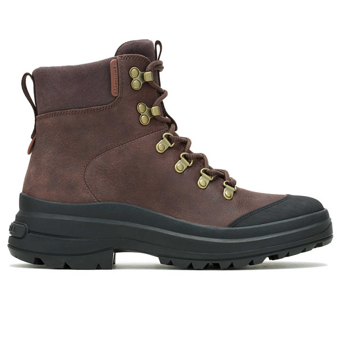 Merrell Harper Waterproof Boots feature a brown leather upper with durable metal eyelets and a sturdy black rubber sole. They are designed for outdoor activities, providing support and protection in wet conditions.
