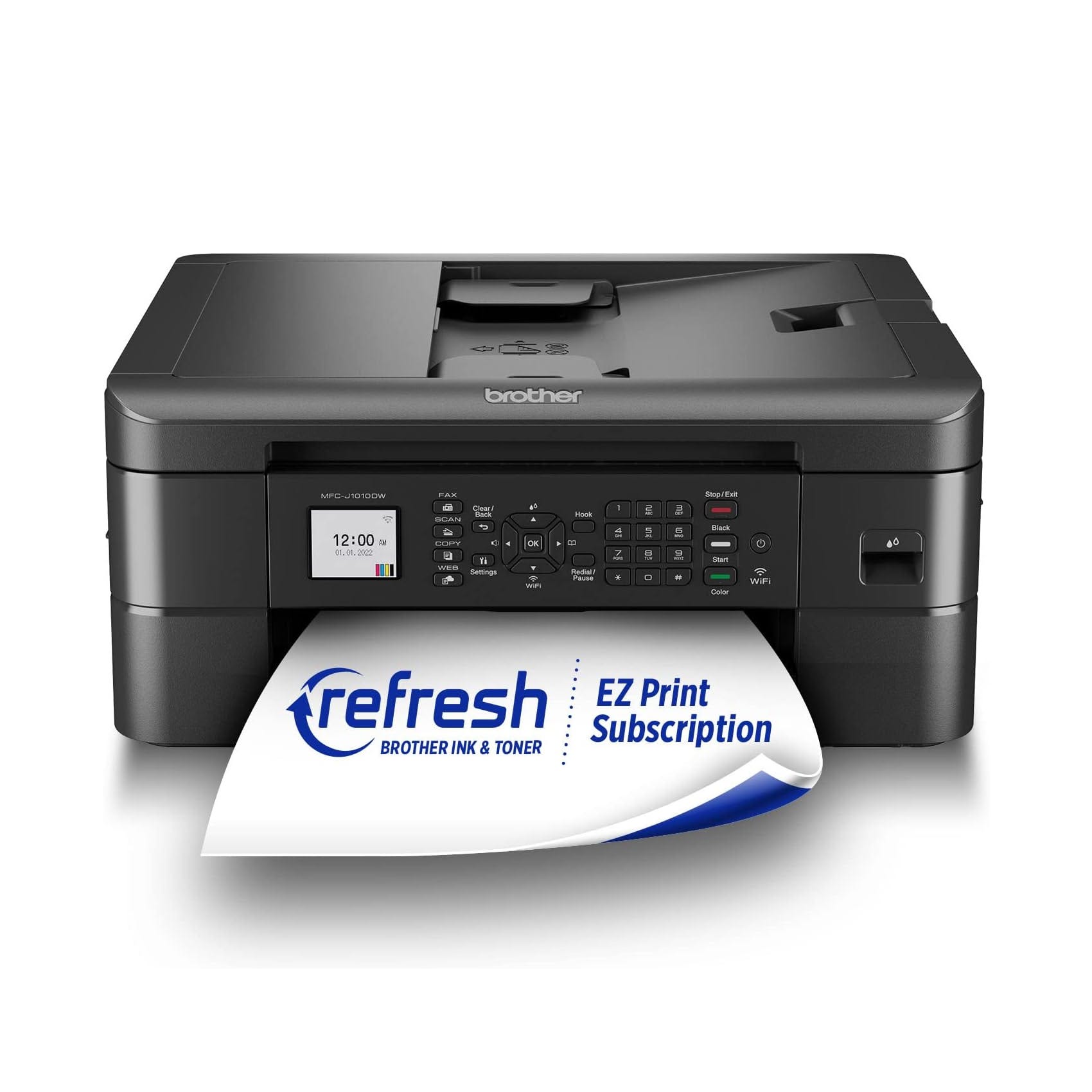 A Brother printer model MFC-J1010DW with a display and control panel shows a sheet labeled \“refresh Brother Ink & Toner EZ Print Subscription\“ emerging from it.