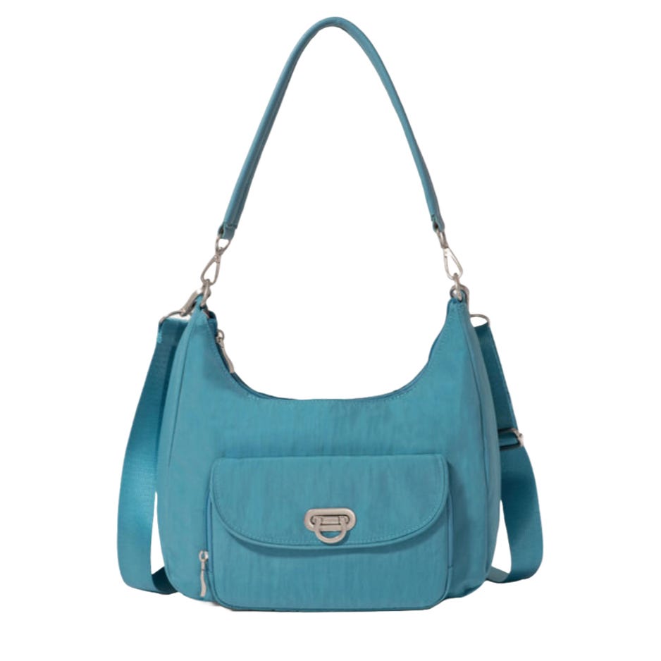 A turquoise shoulder bag with a detachable strap, featuring a front pocket with a clasp and a small zipper pocket.
