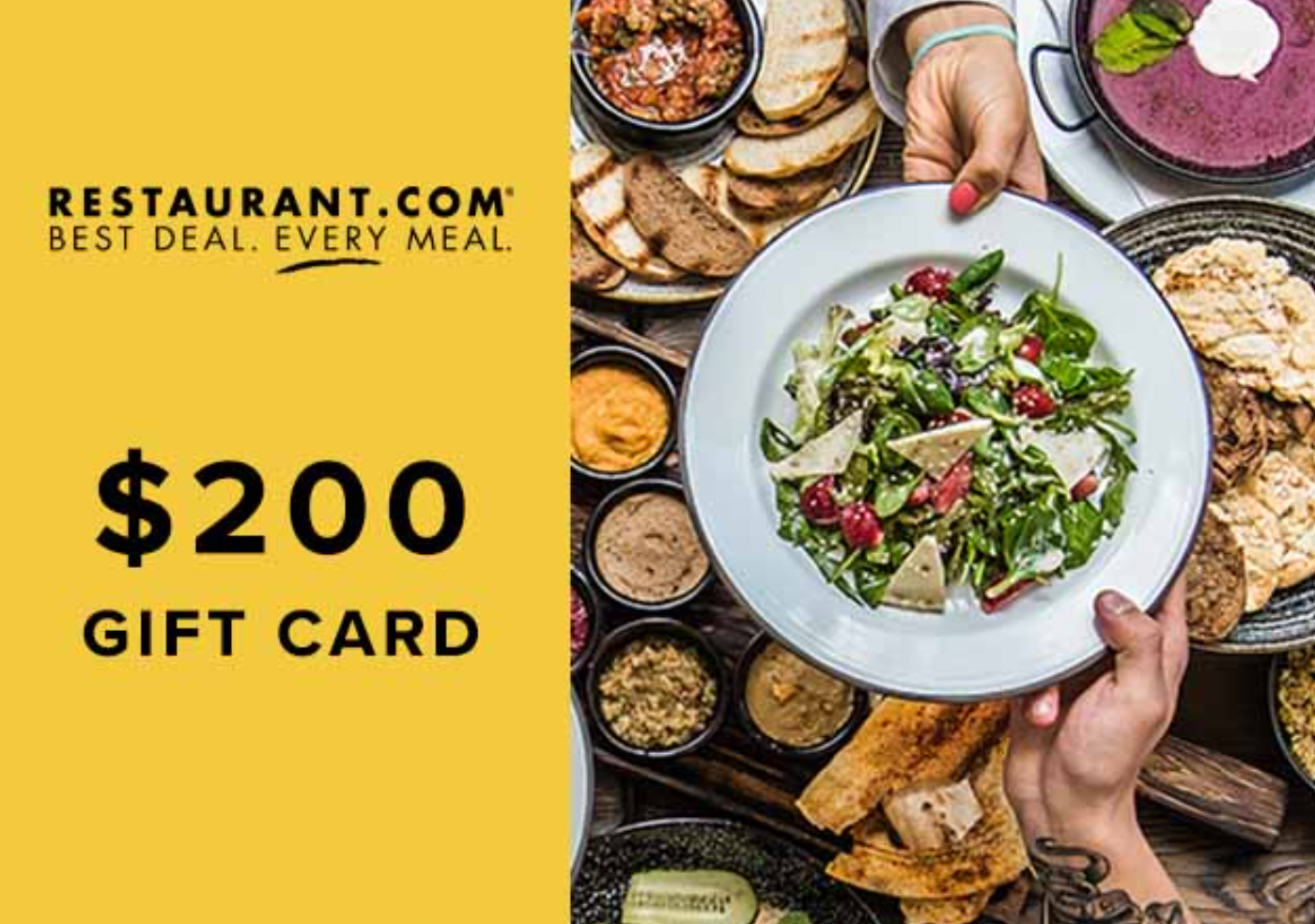 A $200 Restaurant.com gift card displayed alongside a variety of foods including salad, bread, and dips.