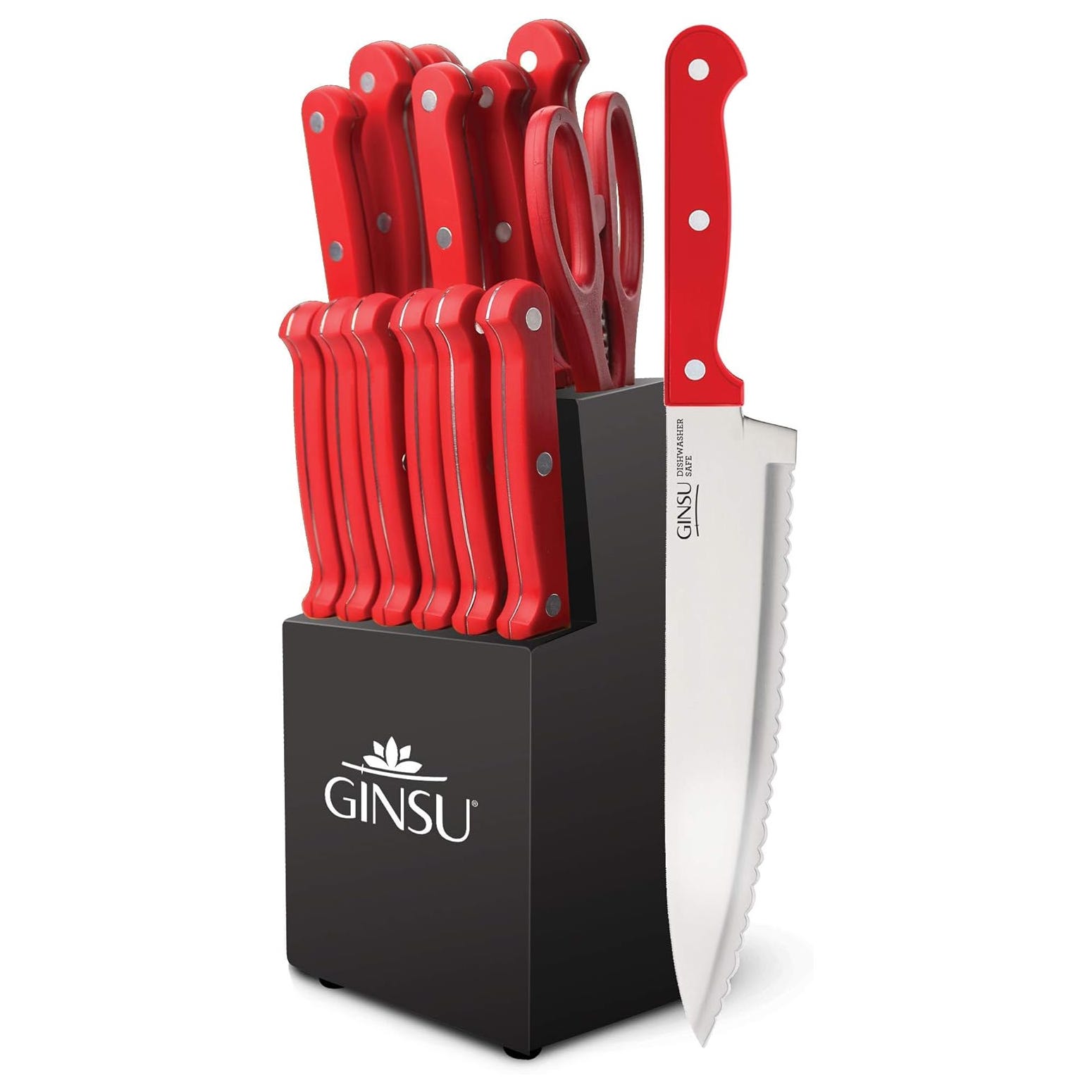 12-piece Ginsu knife set with red handles, includes various knives and scissors, displayed in a black knife block.