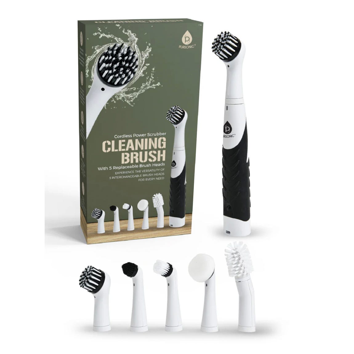 Cordless power scrubber with five interchangeable brush heads for versatile cleaning, shown beside its packaging.