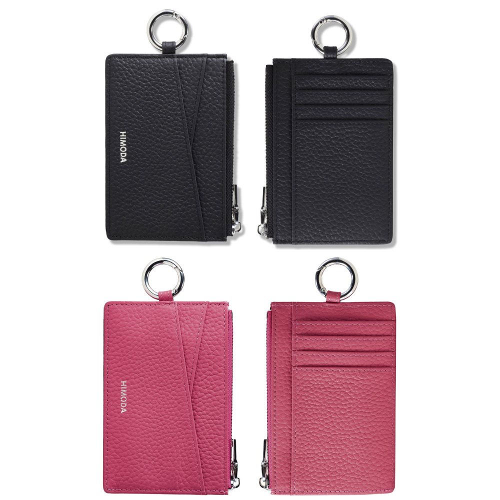 Two black and two pink leather card holders with key rings.