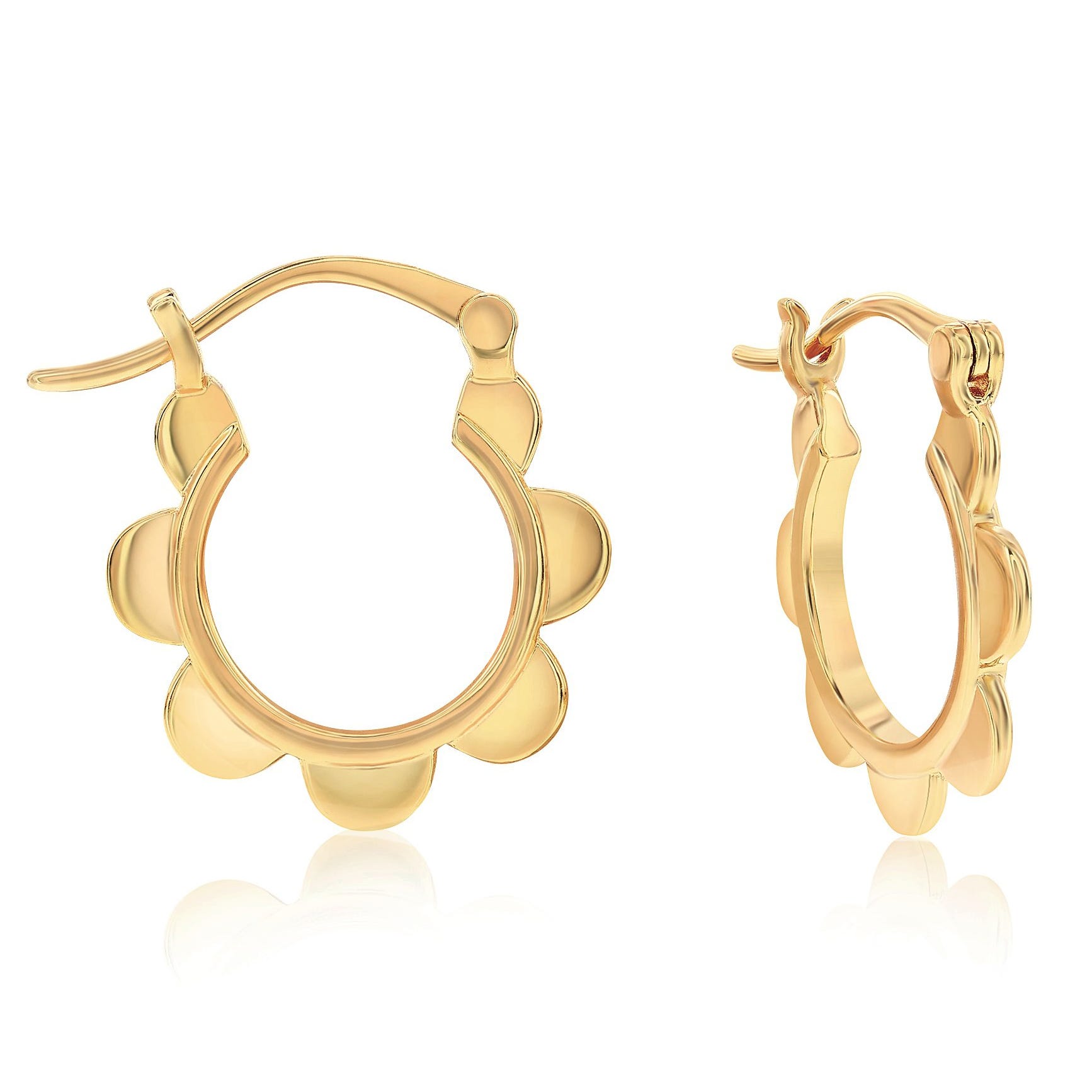 Gold hoop earrings with a flower petal design along the edges.