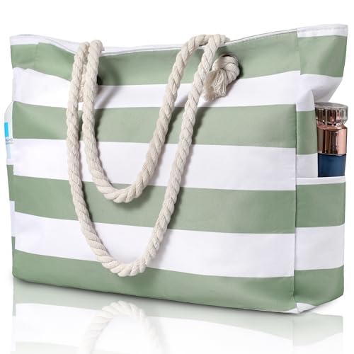 A green and white striped beach tote with thick rope handles and a side pocket, designed for ample storage.
