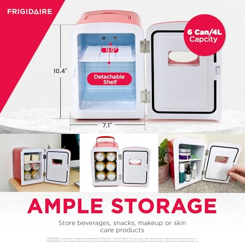 A pink Frigidaire mini fridge with a 6 can/4L capacity and a detachable shelf, suitable for storing beverages, snacks, and cosmetics.