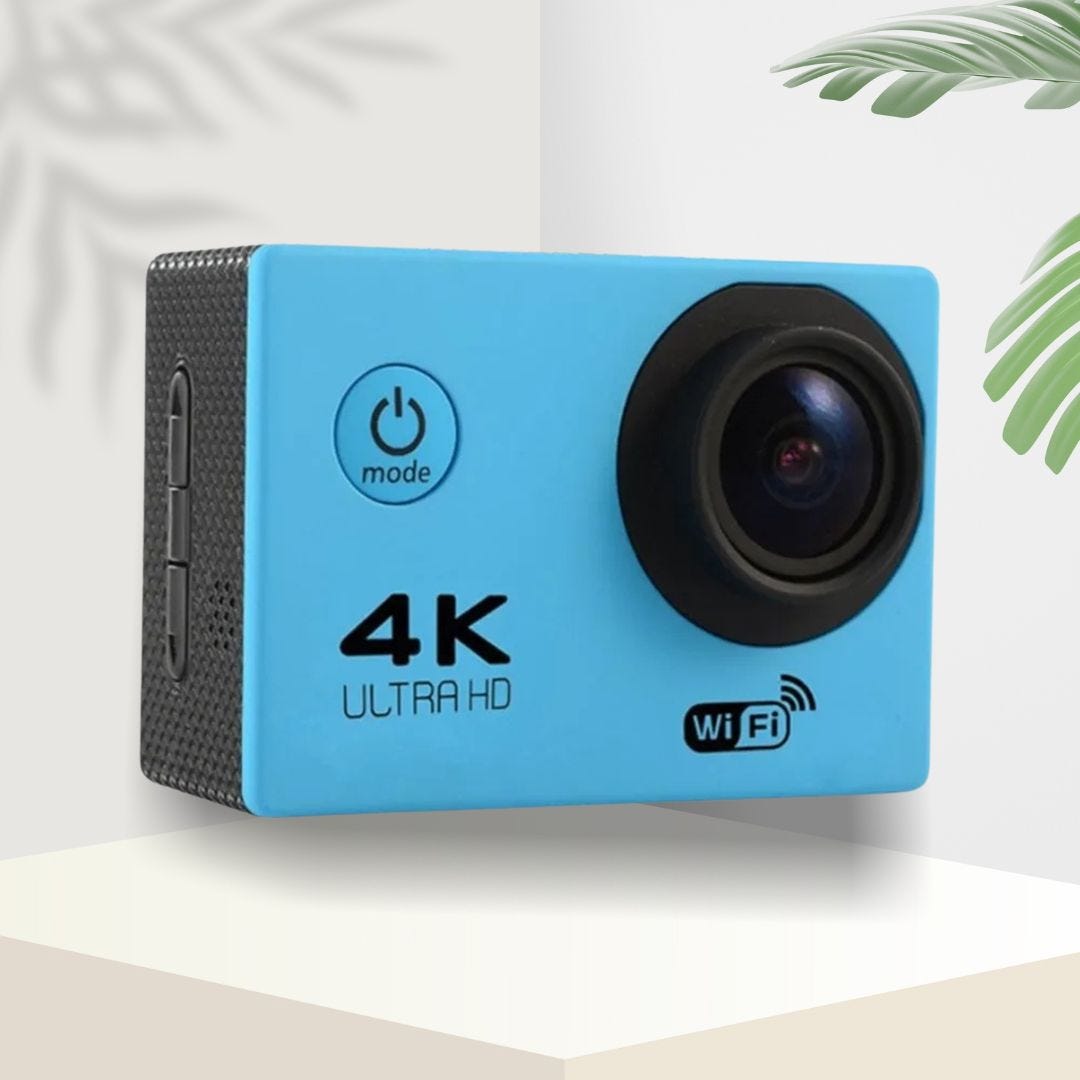 Blue 4K Ultra HD action camera with Wi-Fi connectivity.