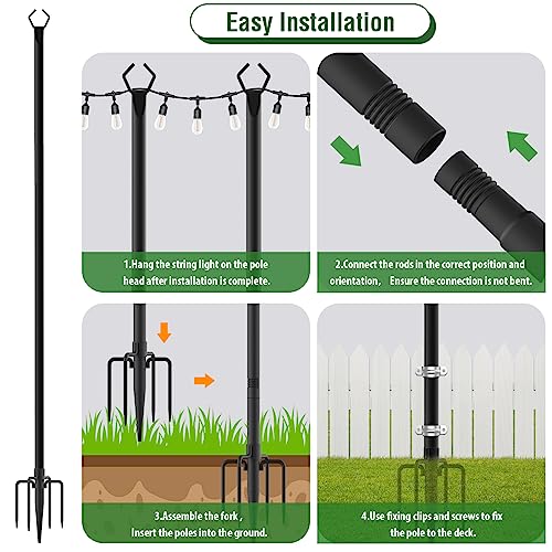 This is an illustration showing a four-step easy installation process for a 10-foot patio light pole set with ground spikes and deck fixing clips.